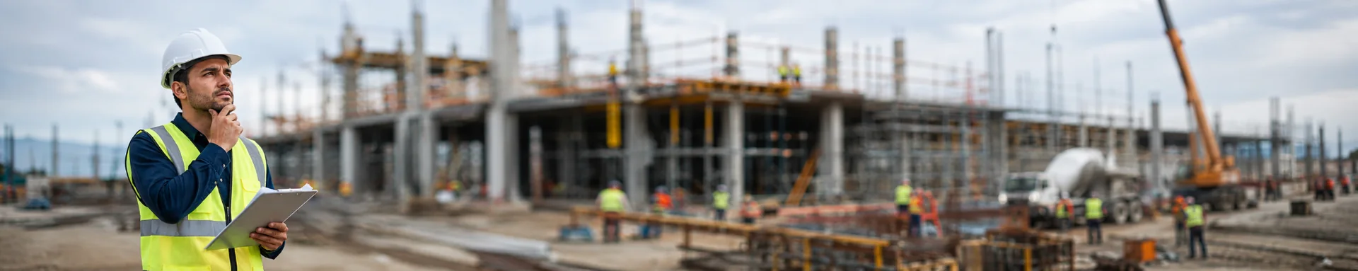 Profesional de seguridad evaluando riesgos en una obra de construcción