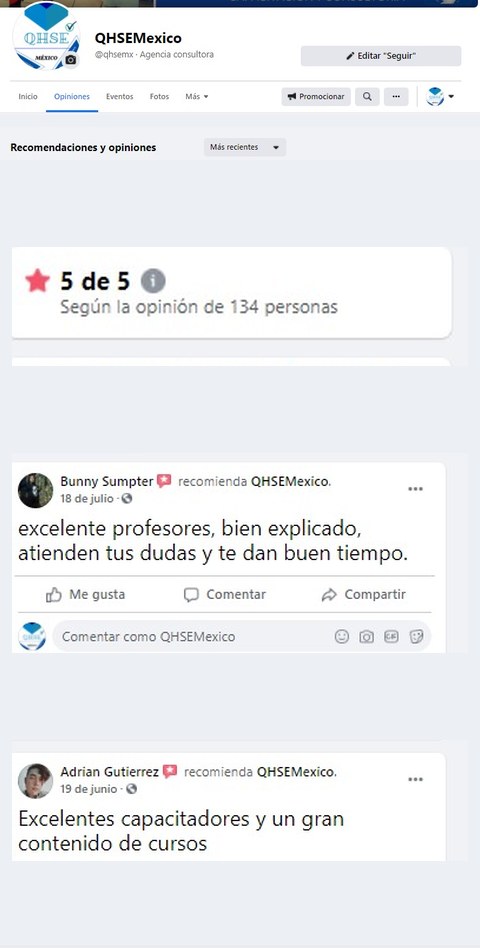 Opiniones de clientes en la página de Facebook de QHSE México vista desde el celular